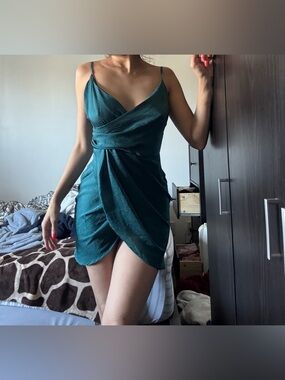 MISGUIDED Teal Wrap-Front Satin Mini Dress